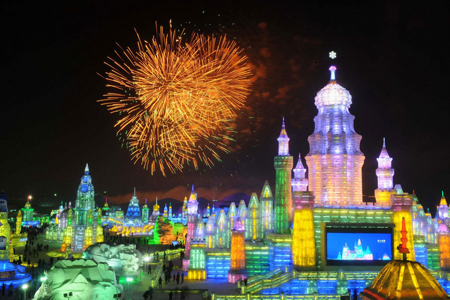 Harbin IceSnow World Fireworks, castles and colors