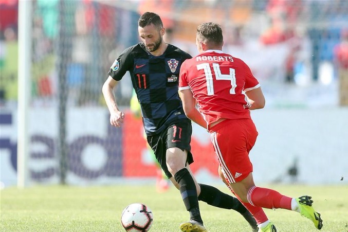 Croatia's Domagoj Vida heads the ball during the Euro 2020 soccer