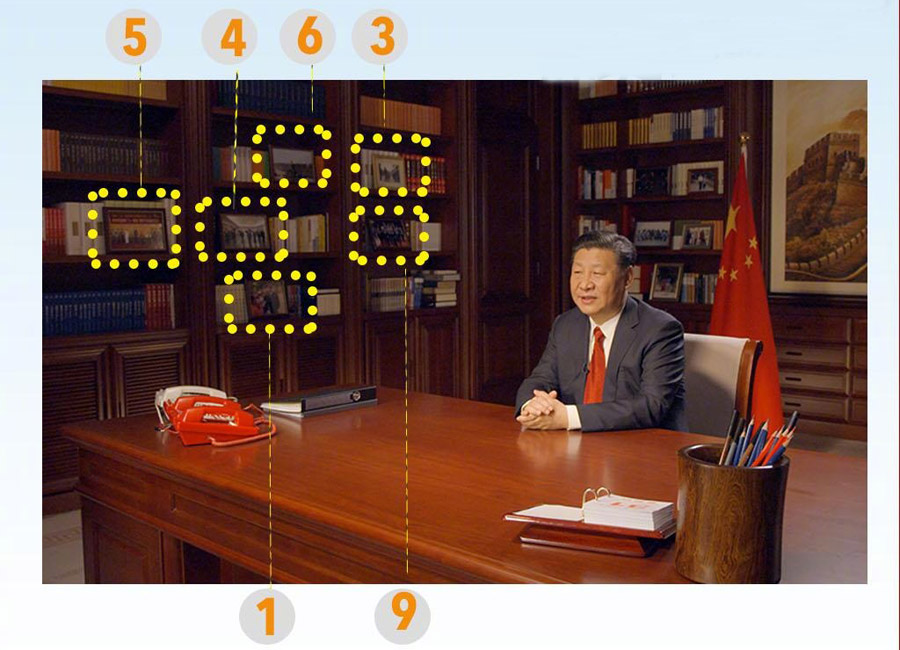 Why do the 9 new photos appear on Xi's bookshelves