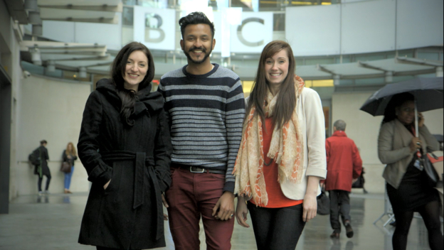 Alice, Amith and Emma outside New Broadcasting House