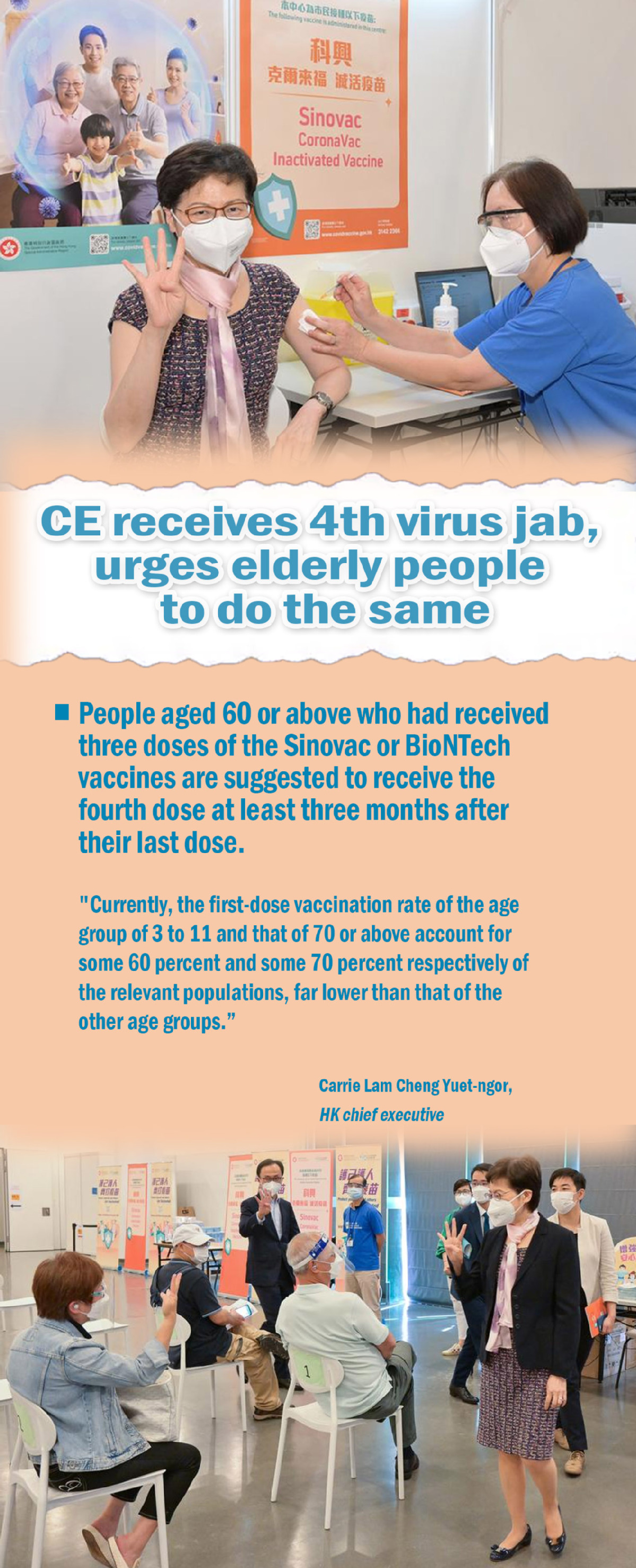 CE receives 4th virus jab, urges elderly people to do the same