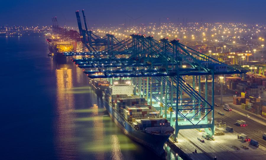 an aerial drone photo taken on feb 3 shows a container terminal