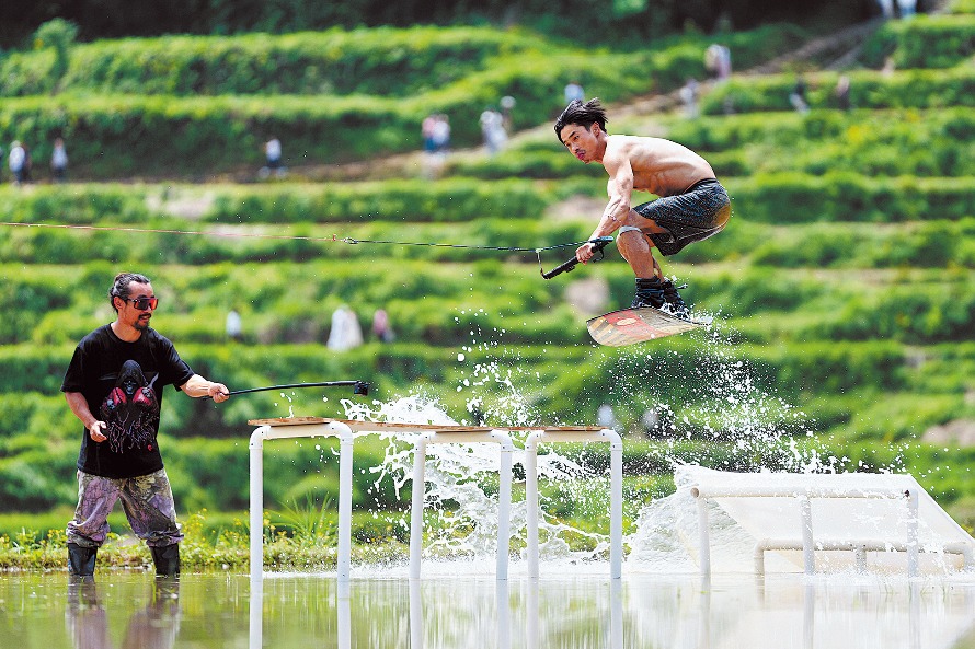 Rice terrace wakeboarding makes waves